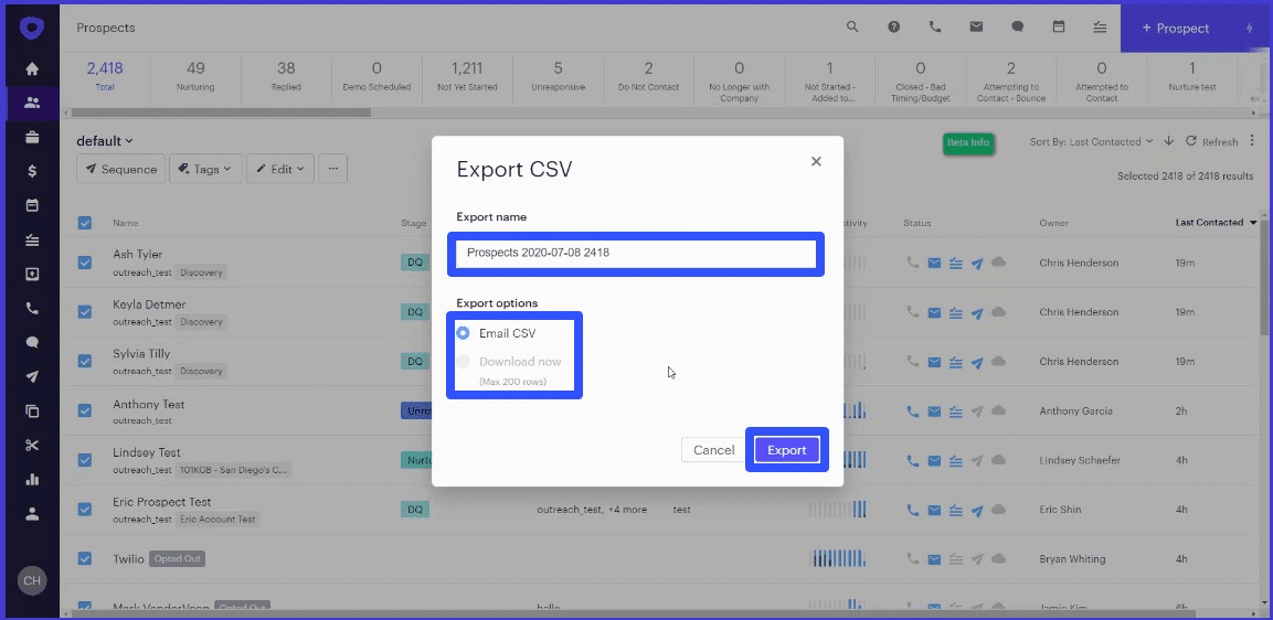 Click on the Export button to receive your export csv file