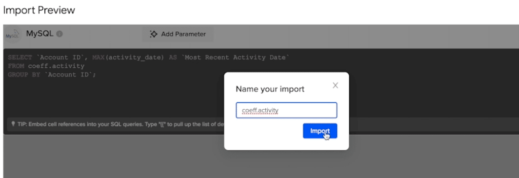 Name import MySQL google sheets