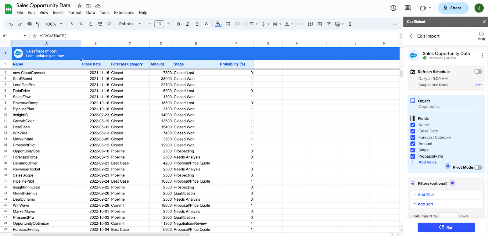 Sales opportunity data google sheets