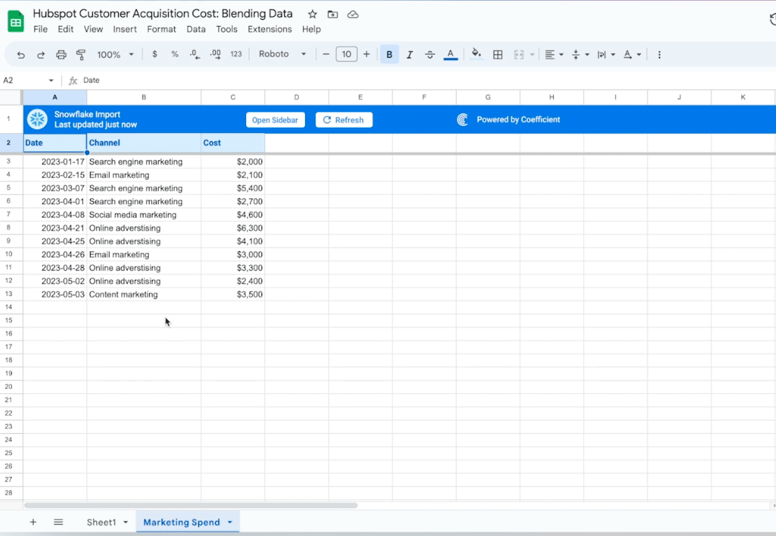 your live data will automatically populate your spreadsheet