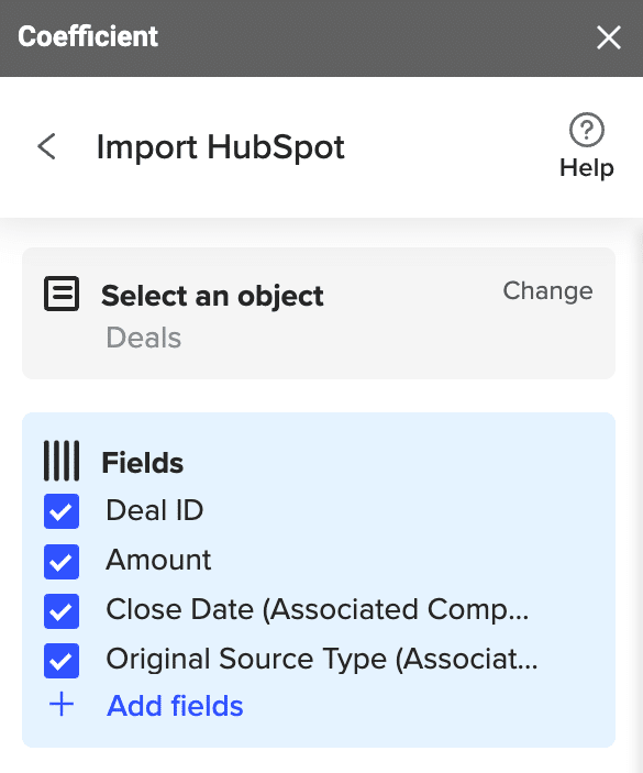 select deal ID, amount, close data and original source type as fields 