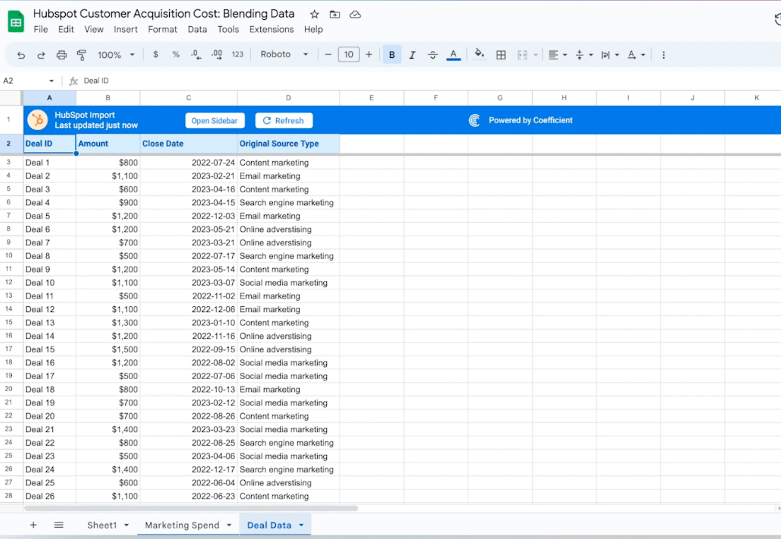 hubspot data will now populate your spreadsheet in a new tab