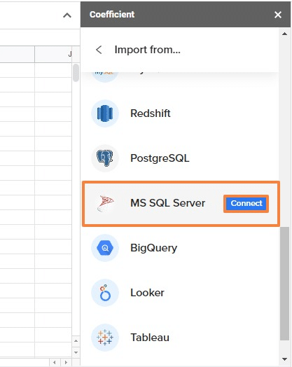 Selecting MS SQL Server as data source in Coefficient Google Sheets Connector