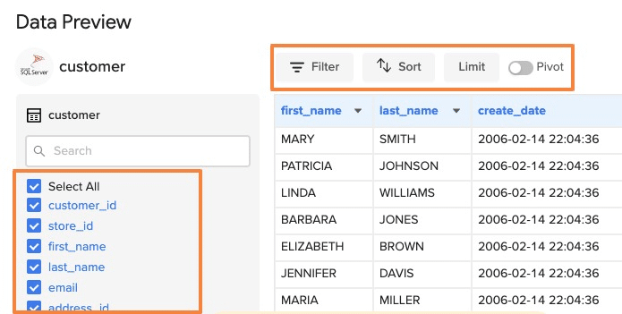 Selecting data fields to import from MS SQL server to google sheets
