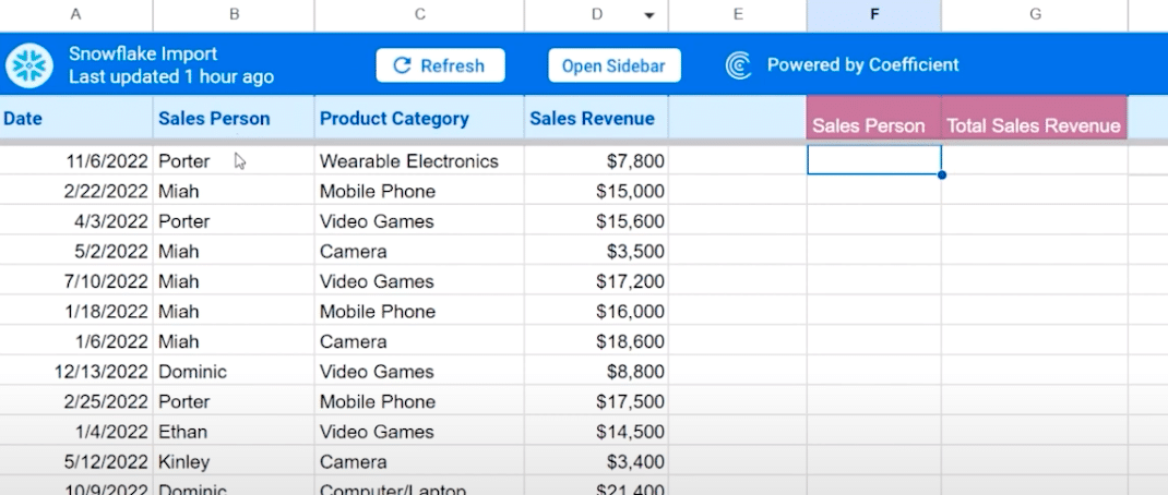 Manually add the sales person and total sales revenue columns