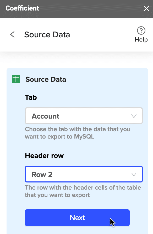 select your source data header row
