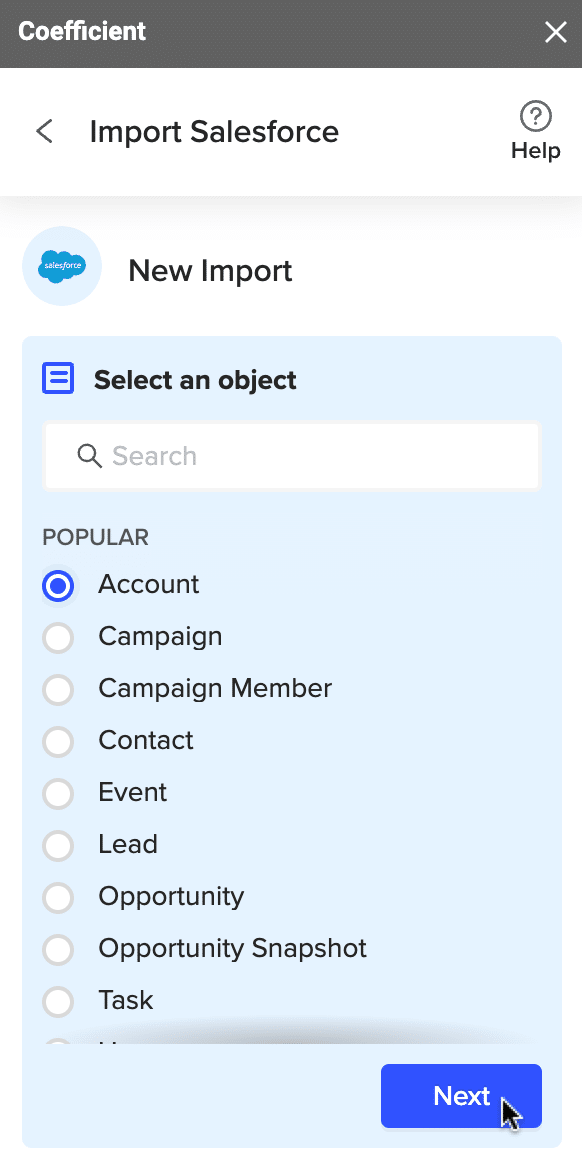 select account as your object 