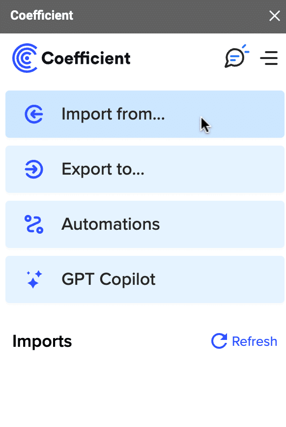 Import data from the main menu