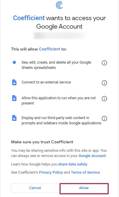 grant coefficient permissions to your google account 