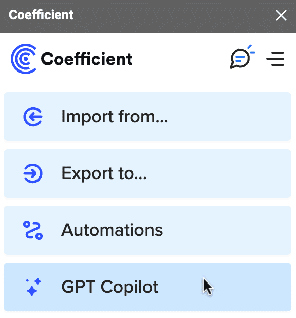 Select GPT Copilot from the Coefficient Menu
