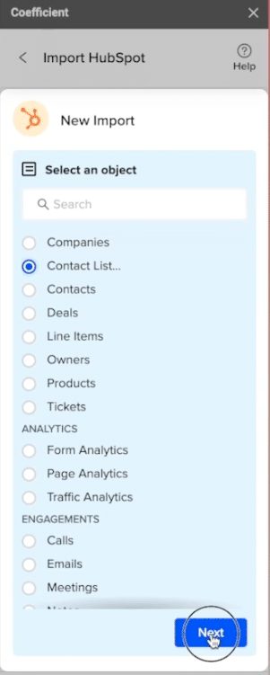 select contact list as your object