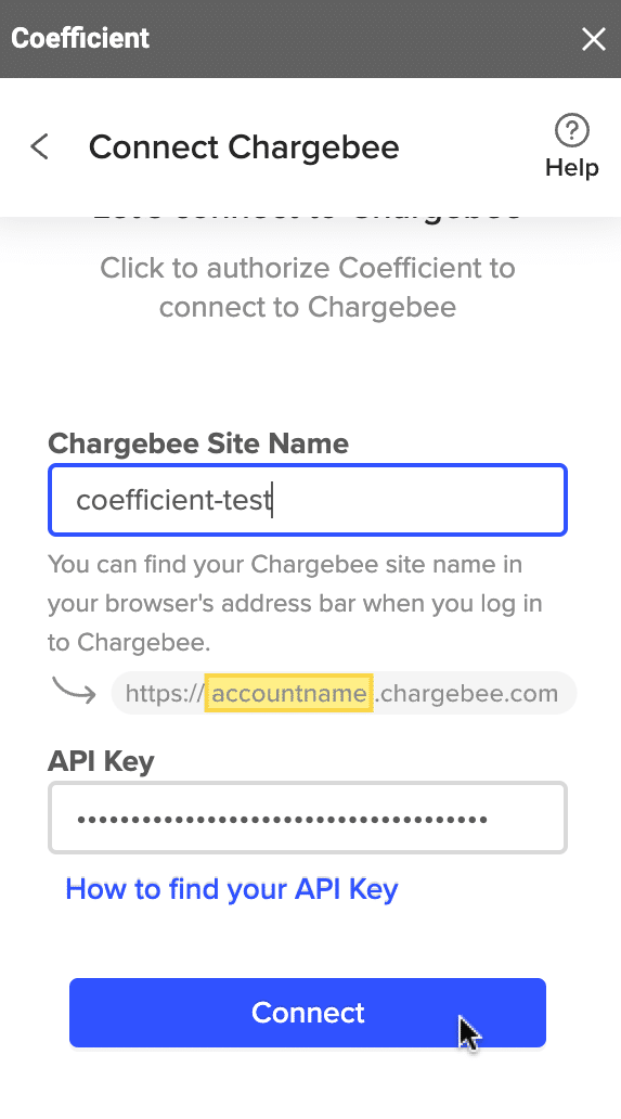 connect to chargebee using your API key and site name 