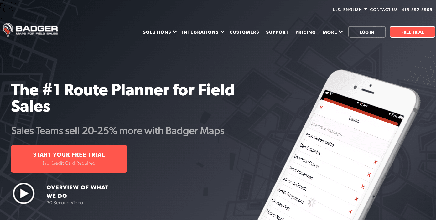 Badger offers field sales automation, including territory management, lead generation, and route planning. 