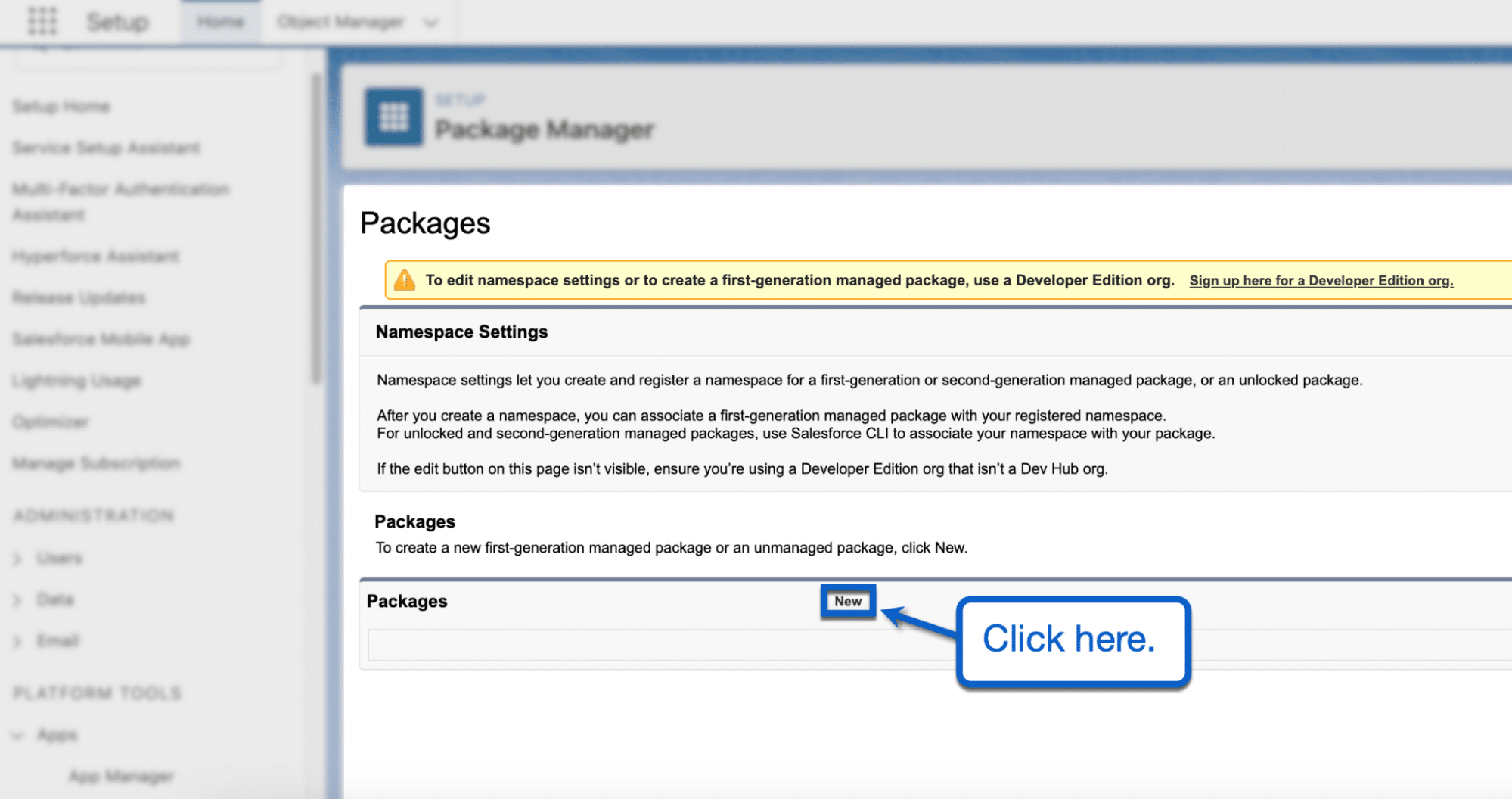  Click ' New ' in the "Packages" list to get started. 