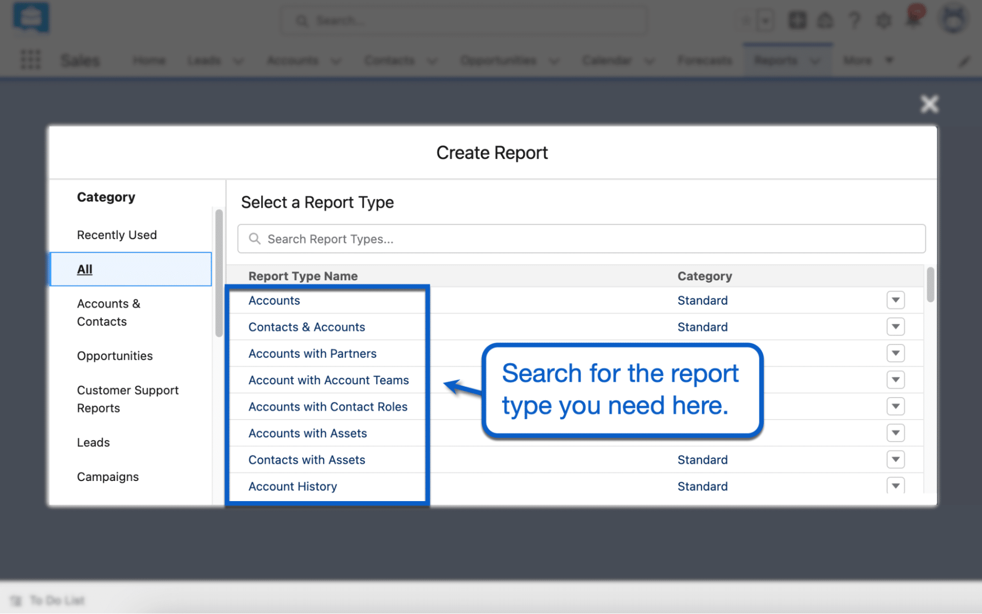 search for the report type you need