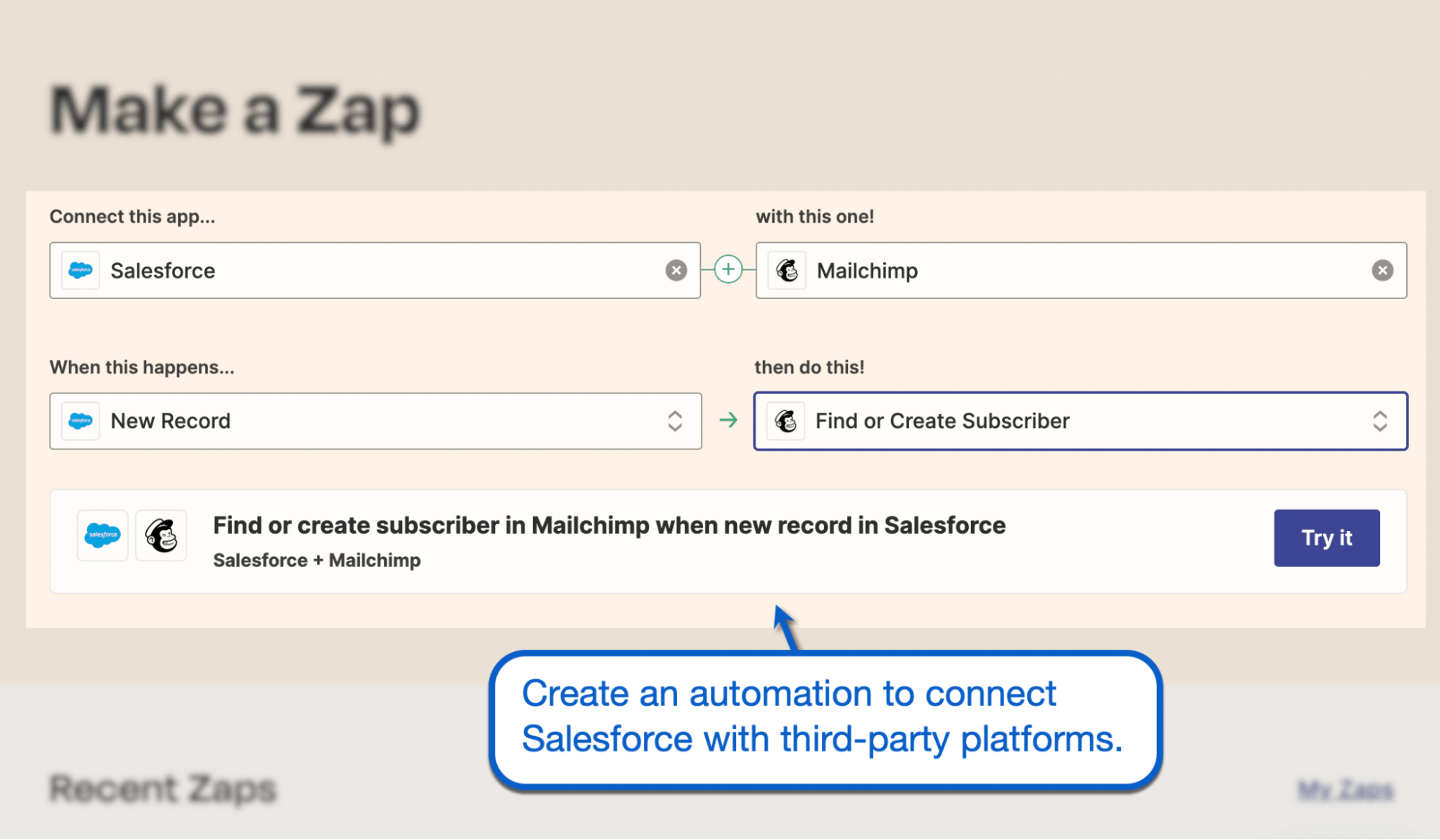 you can create a zap to connect salesforce with third-party platforms