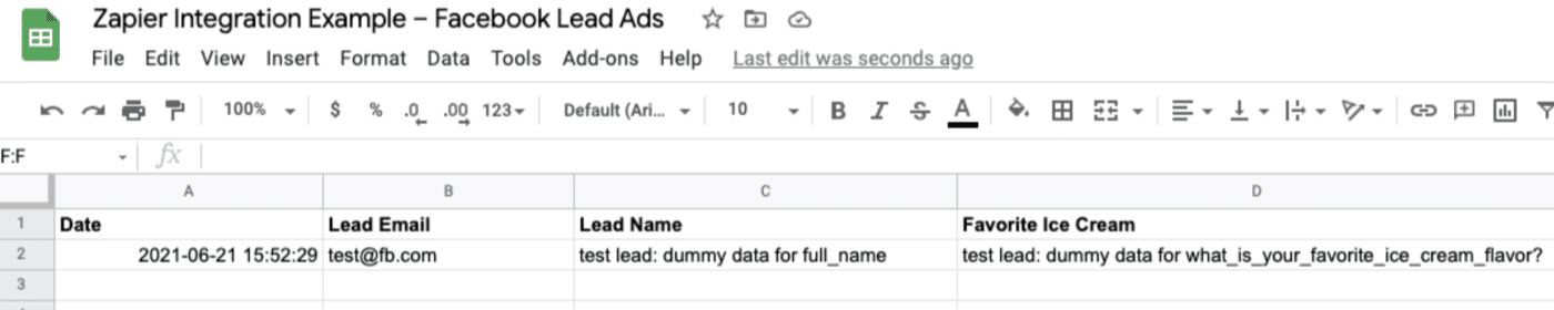 A screenshot of a Google Sheet showing information from Facebook Lead Ads brought into a spreadsheet.