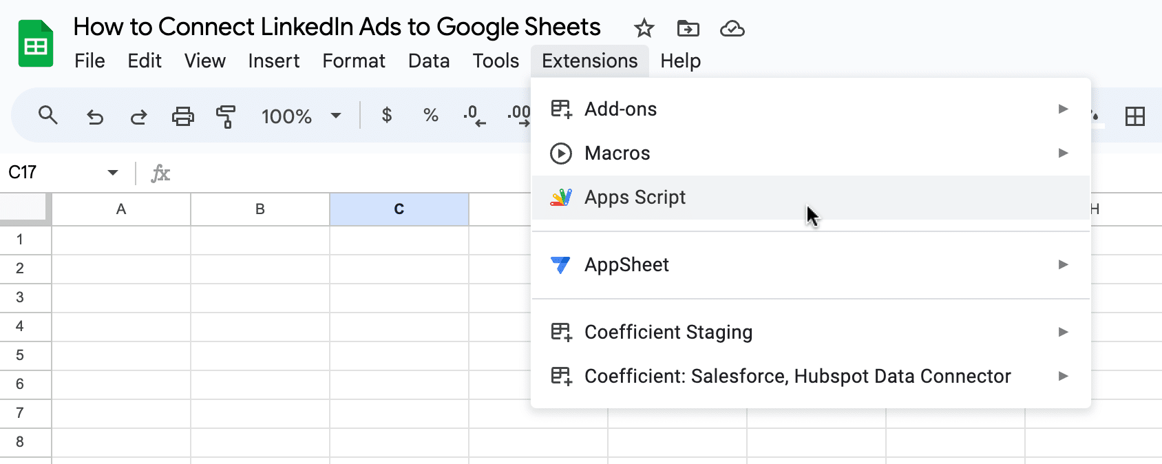 Those who prefer to code can connect LinkedIn Ads to Google Sheets using Google Apps Script.