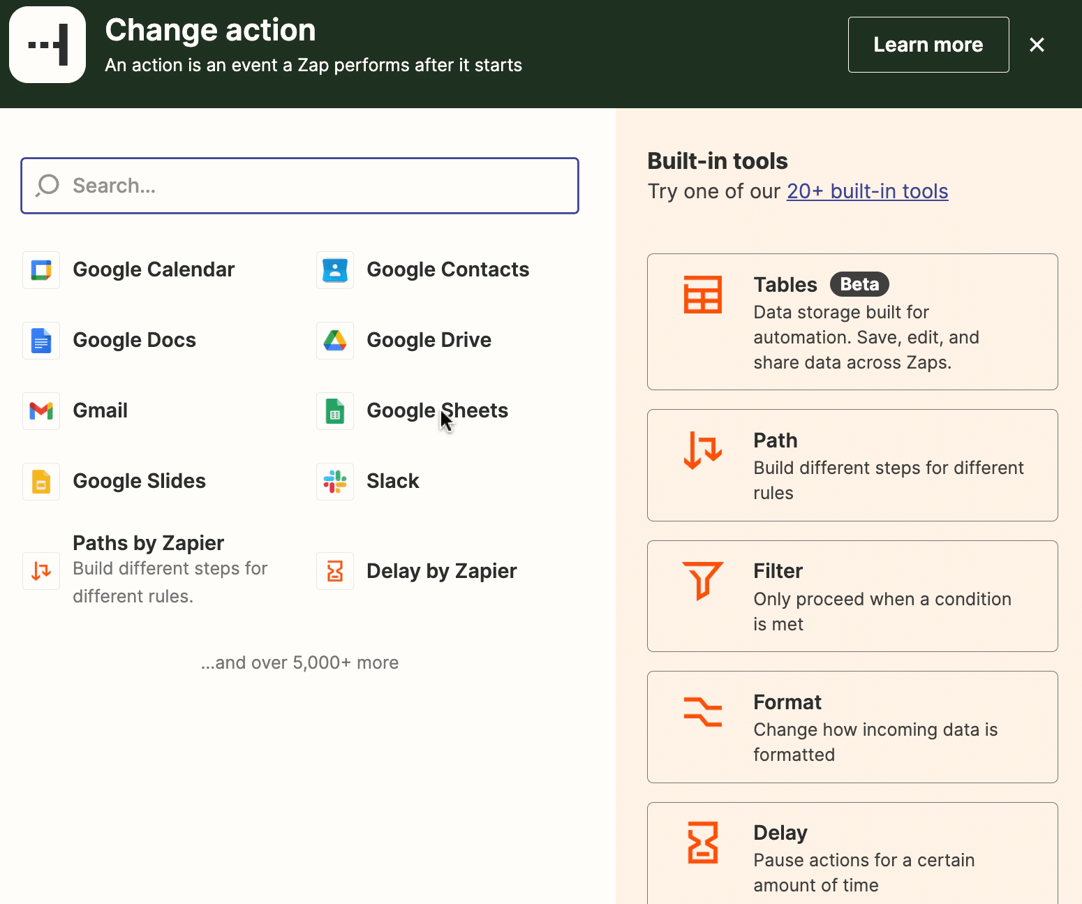 find google sheets in the action menu