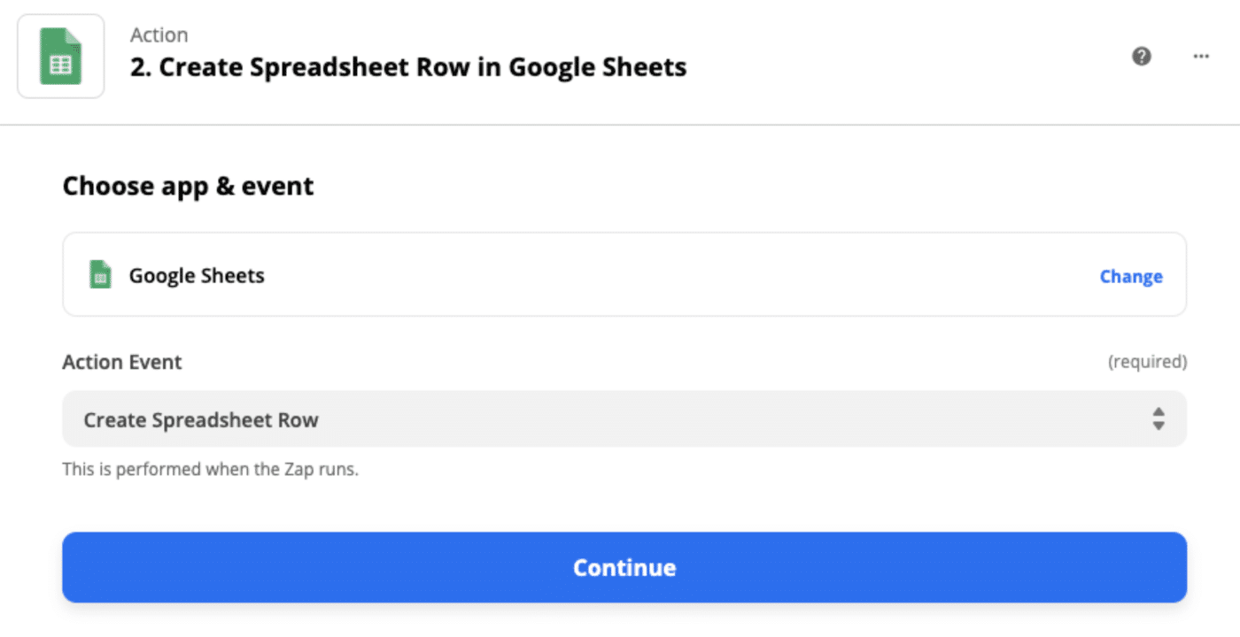 A screenshot of the action setup for a Zap showing Google Sheets as the app and Create Spreadsheet Row as the event.