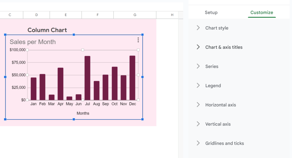 the customize tab in the Chart editor houses all of the options for colors, labels, fonts, gridlines, ticks, etc.