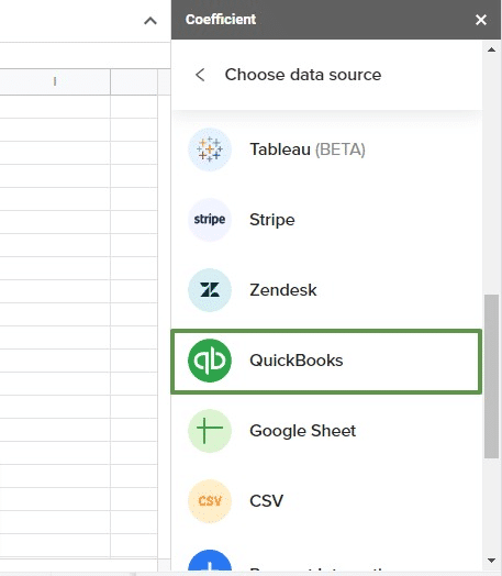 Choose QuickBooks as your data source.  