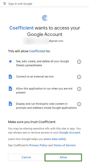 Grant Coefficient access to your Google Account.  
