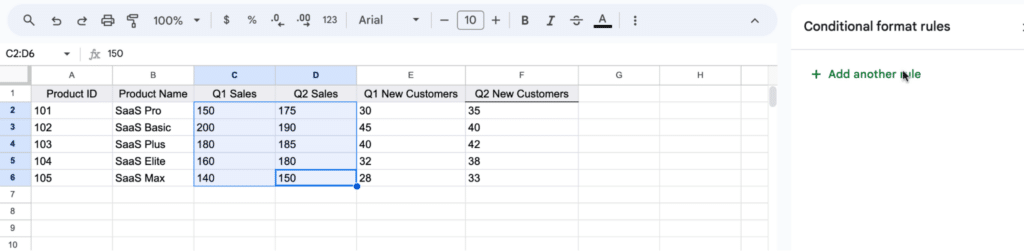 Example of Google Sheets with conditional formatting rules dialogue box open, indicating how to compare two columns for differences.