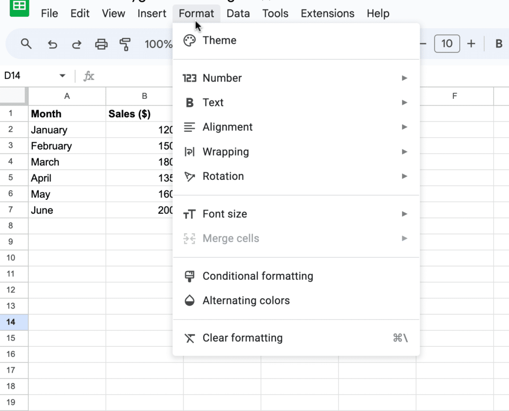 Google Sheets 'Format' menu open with options for Number, Text, Alignment, Wrapping, and more, alongside a table with monthly sales data