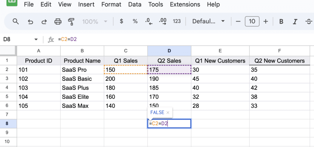 Screenshot demonstrating row-by-row comparison in Google Sheets with cells showing TRUE or FALSE for product sales equality between Q1 and Q2.