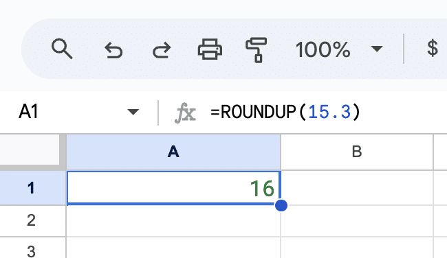 Illustration of ROUNDUP function in Google Sheets, highlighting the rounding up of a decimal number to the nearest whole number.
