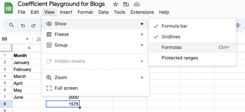 Dropdown menu in Google Sheets under the 'View' tab, showing options such as 'Freeze', 'Group', and 'Full screen', with the formula cell in the background