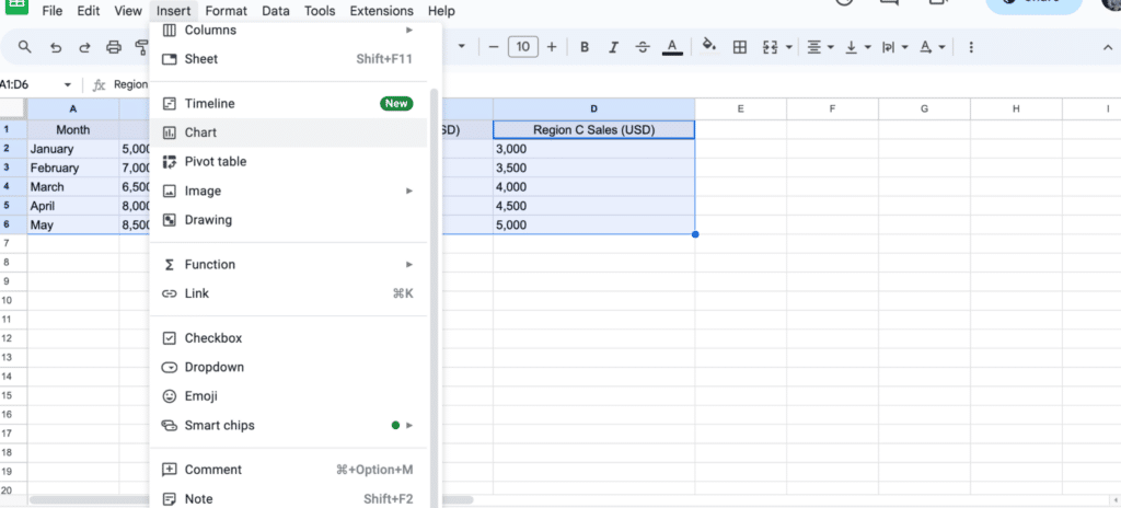 Insert chart dialog in Google Sheets with data selected for multiple line graphs