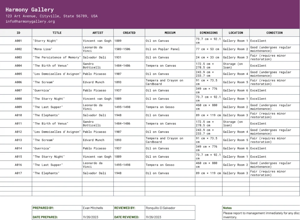 Art inventory template including condition assessments, with columns for artwork identification, artist, creation details, medium, size, location, and a special notes section.