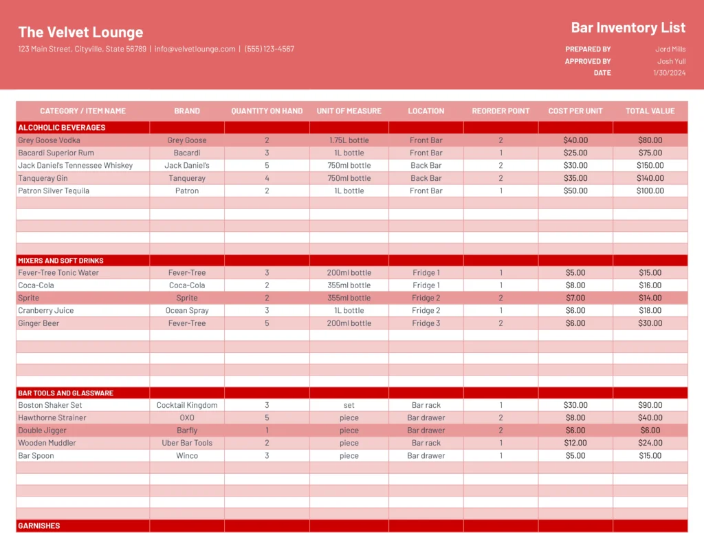 Bar inventory template listing categories of beverages and bar supplies, including brand names, quantities in stock, unit measurements, storage locations, and cost details