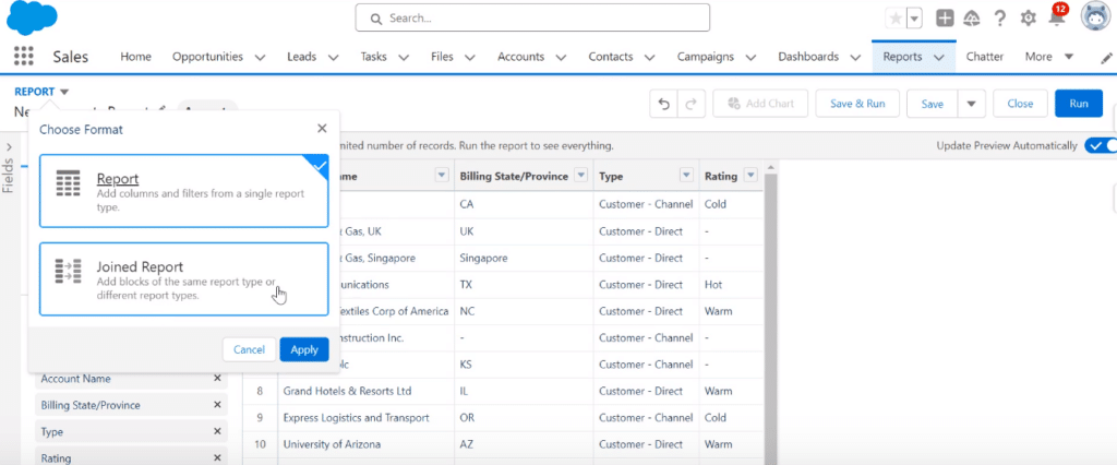 Image showing the selection of 'Joined Report' option in Salesforce's report dropdown menu.