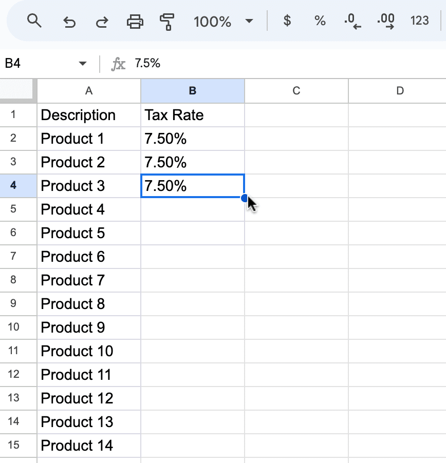 Selecting the fill handle in Google Sheets.