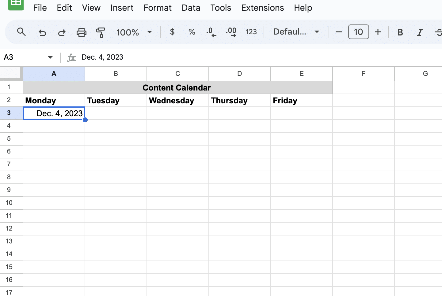 Entering the start date in the Google Sheets calendar.