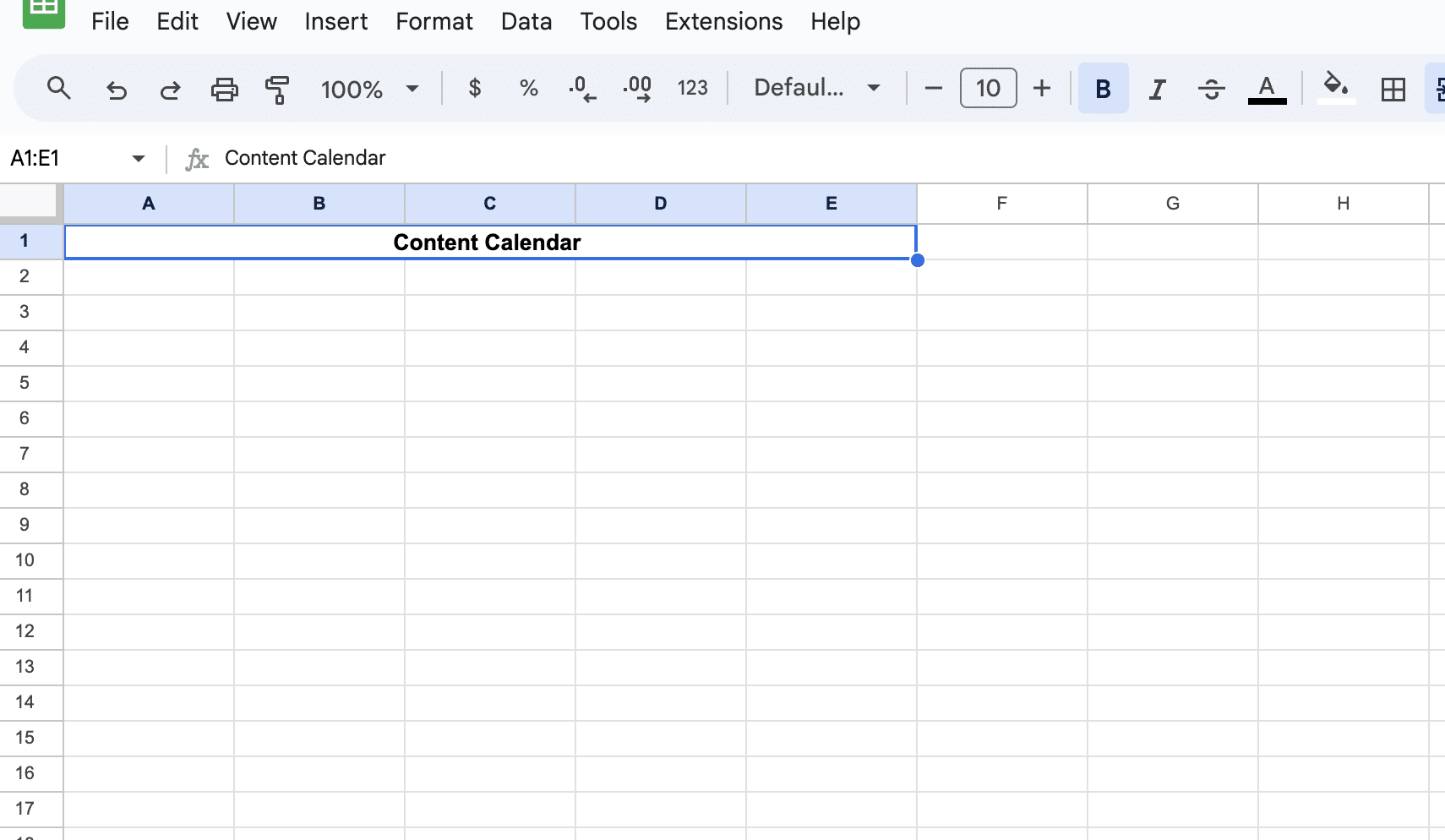 Formatting the title of the Google Sheets calendar.