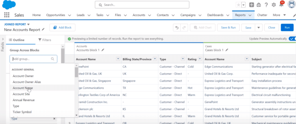 Screenshot demonstrating how to group report blocks in the outline section for a Salesforce joined report.