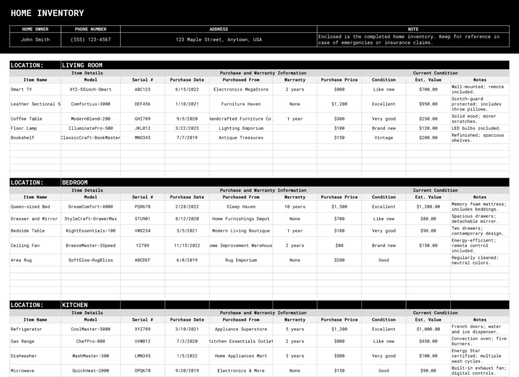 A template for recording home possessions, sorted by room, including details like item names, models, serial numbers, purchase information, conditions, and estimated values.