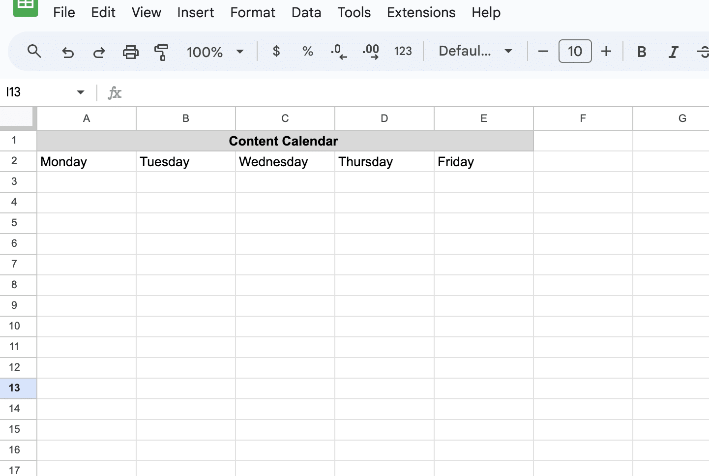 Labeling weekdays in the Google Sheets calendar.