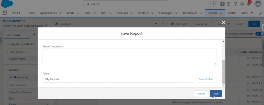 Final step depicted in a screenshot showing how to save the joined report in Salesforce.