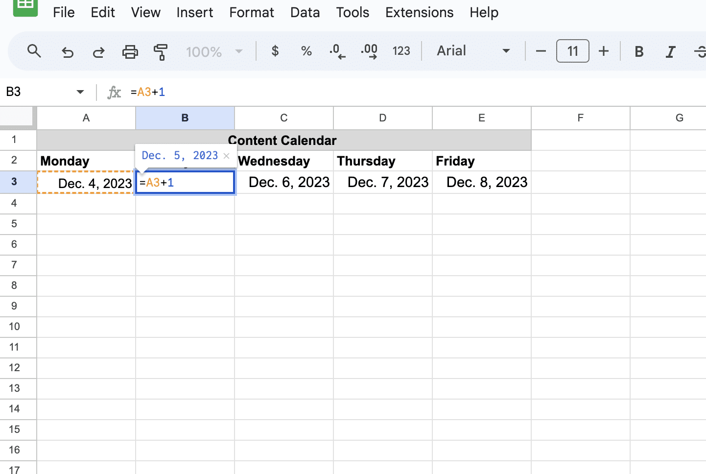 Using formulas to populate dates in the calendar.