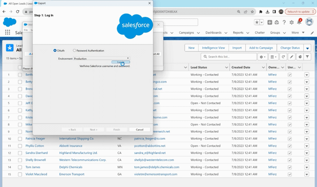Salesforce Data Loader connecting and prompting for account authentication.