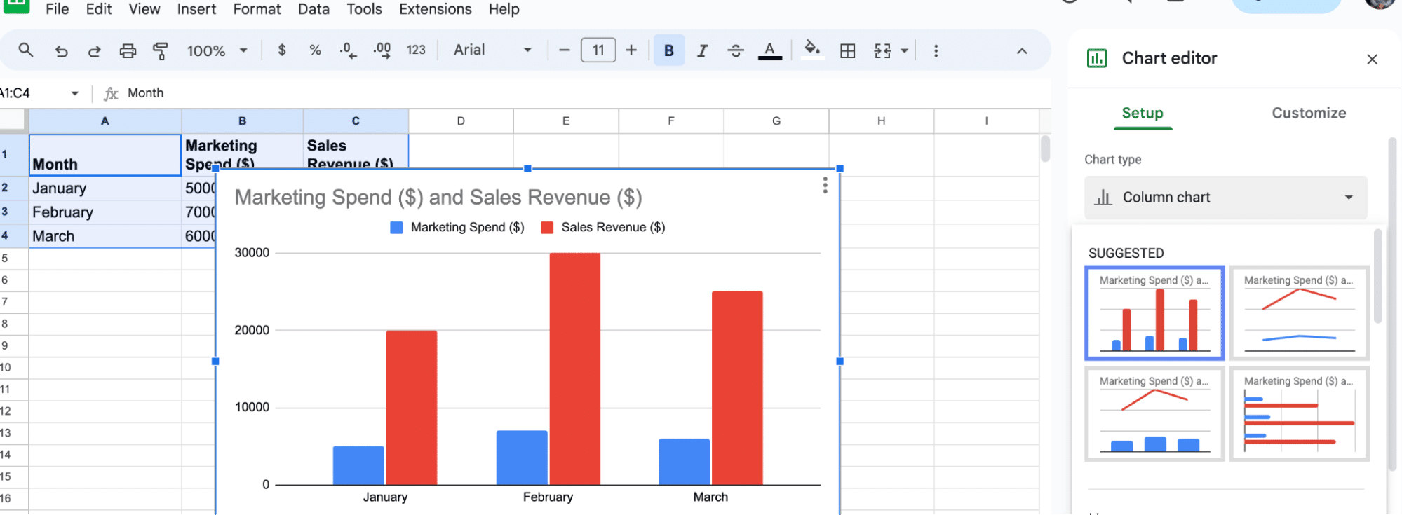 Adjusting the chart type in Google Sheets by accessing the Chart editor panel.