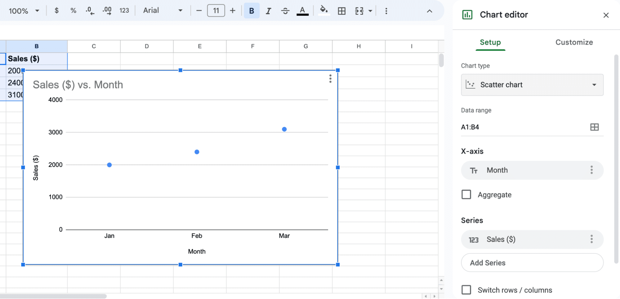 Choosing scatterplot as the chart type in Google Sheets.