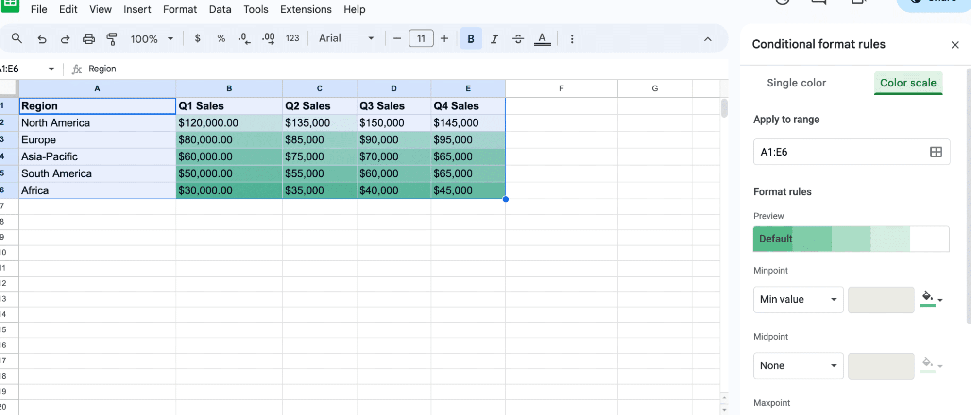 Selecting between Single color and Color scale options in Google Sheets.