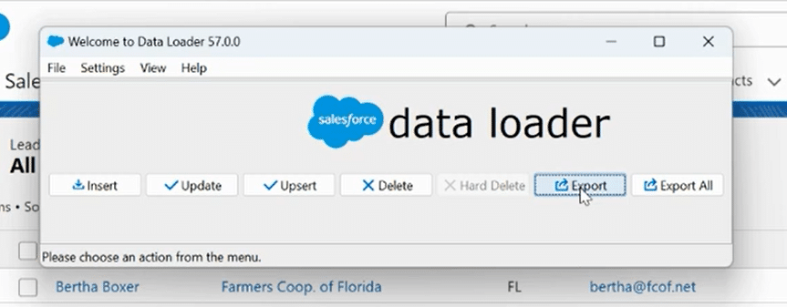 Clicking on ‘Export’ in the Salesforce Data Loader pop-up window.