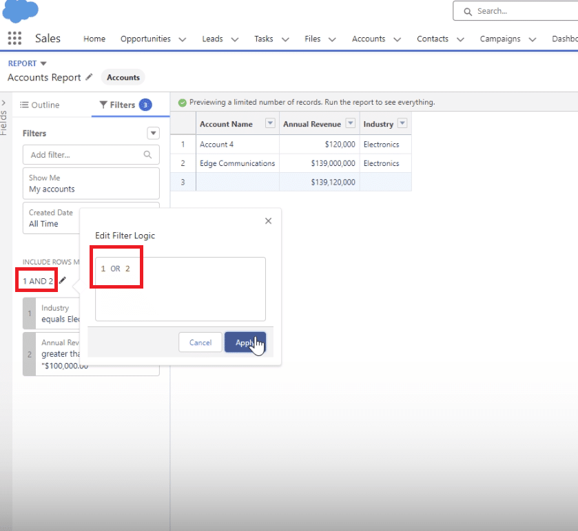 Using operators like AND, OR, and NOT to combine filter rules in Salesforce.